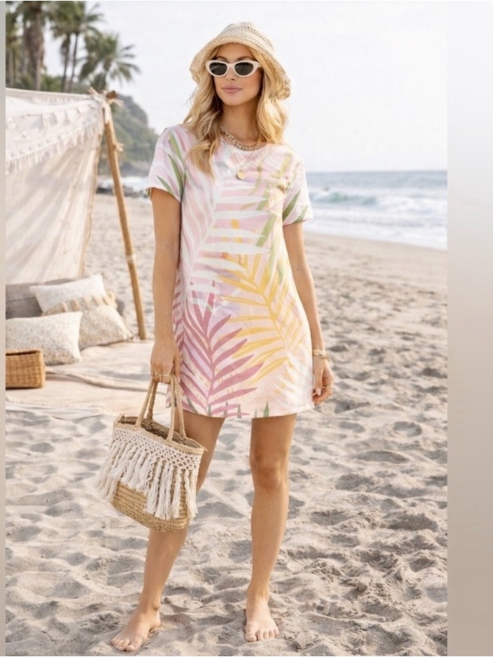 MINKPINK Pastel Palm Print Mini Dress - Pink, Yellow, Green